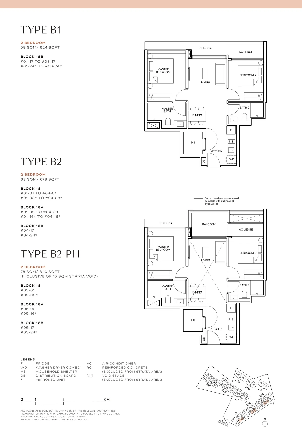 Terra Hill Type B1, B2 and B2-PH floor plan, 2-Bedroom, 58 sqm / 624 sq ft (B1), with key plan (Signature Collection, developer plan)