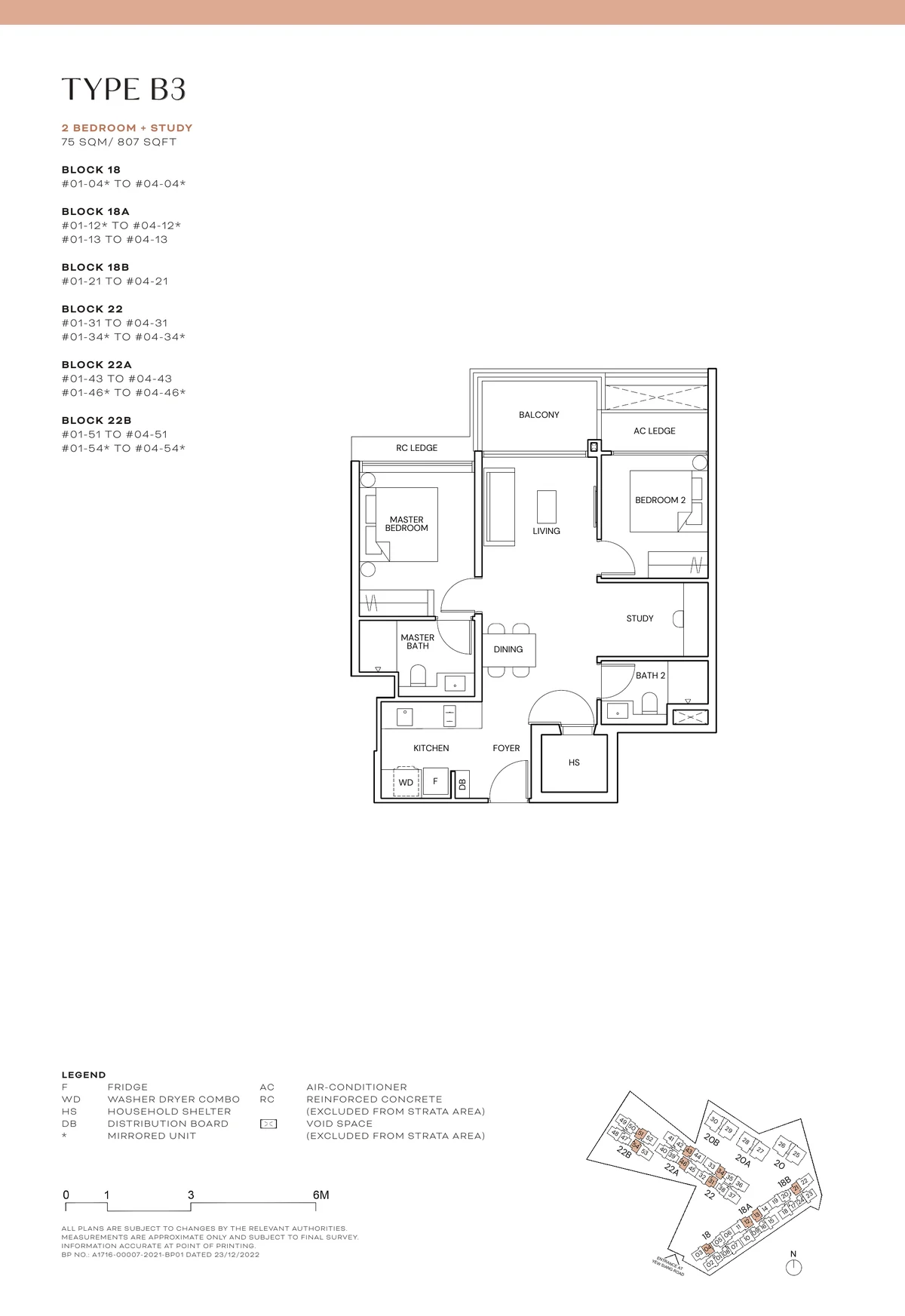 Terra Hill Type B3 floor plan, 2-Bedroom + Study, 75 sqm / 807 sq ft, with key plan (Signature Collection, developer plan)