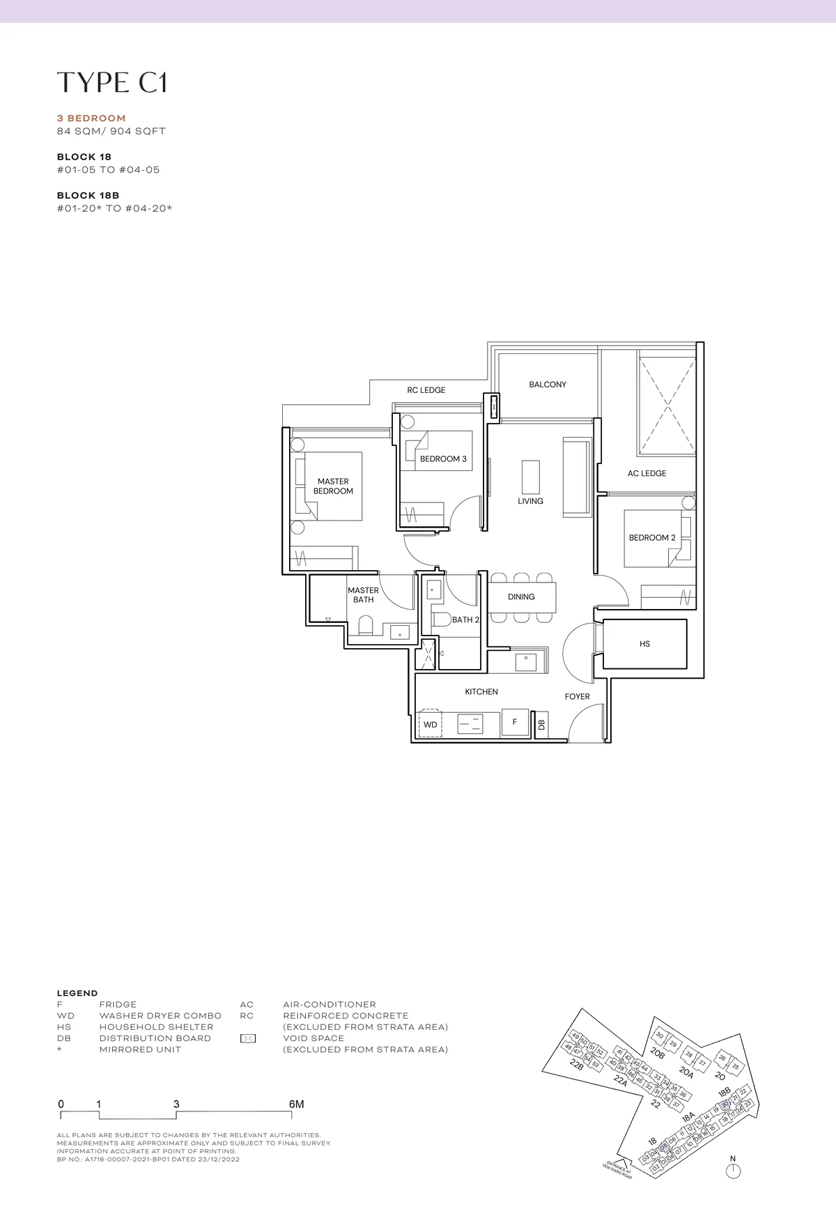 Terra Hill Type C1 floor plan, 3-Bedroom, 84 sqm / 904 sq ft, with key plan (Signature Collection, developer plan)