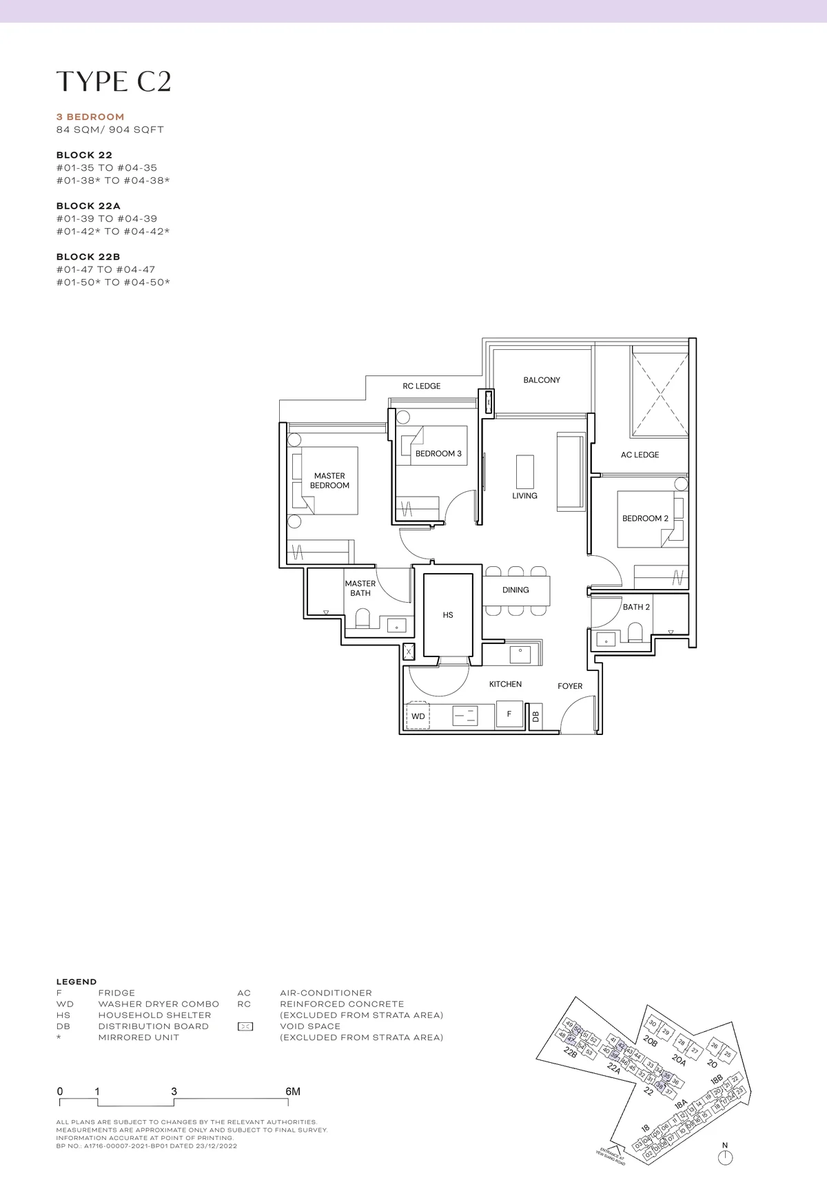Terra Hill Type C2 floor plan, 3-Bedroom, 84 sqm / 904 sq ft, with key plan (Signature Collection, developer plan)