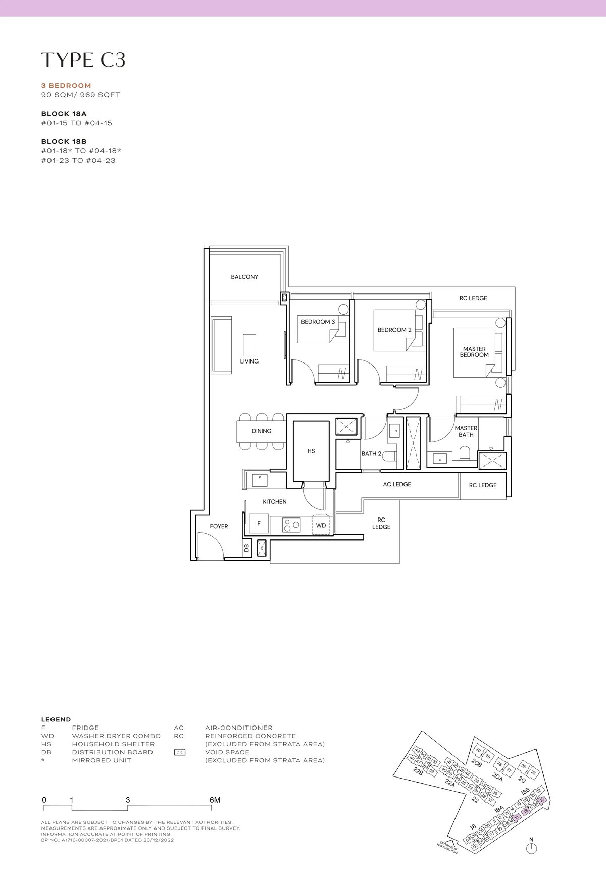 Terra Hill Type C3 floor plan, 3-Bedroom, 90 sqm / 969 sq ft, with key plan (Signature Collection, developer plan)