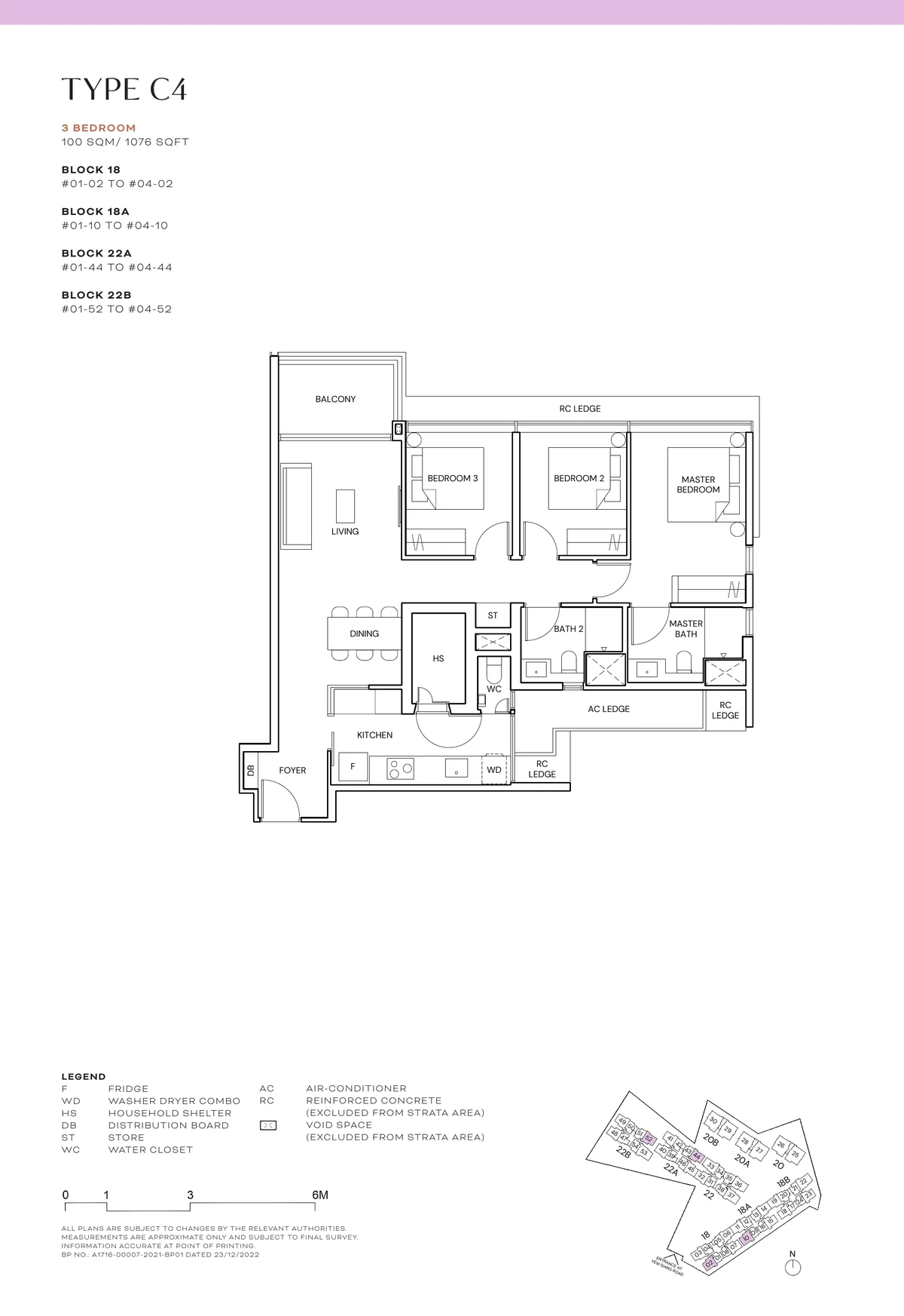 Terra Hill Type C4 floor plan, 3-Bedroom, 100 sqm / 1,076 sq ft, with key plan (Signature Collection, developer plan)