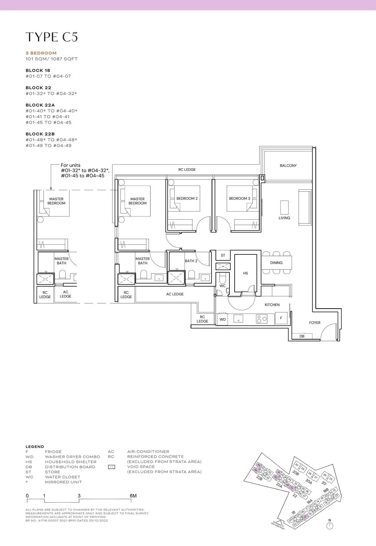 Terra Hill Type C5 floor plan, 3-Bedroom, 101 sqm / 1,087 sq ft, with key plan (Signature Collection, developer plan)