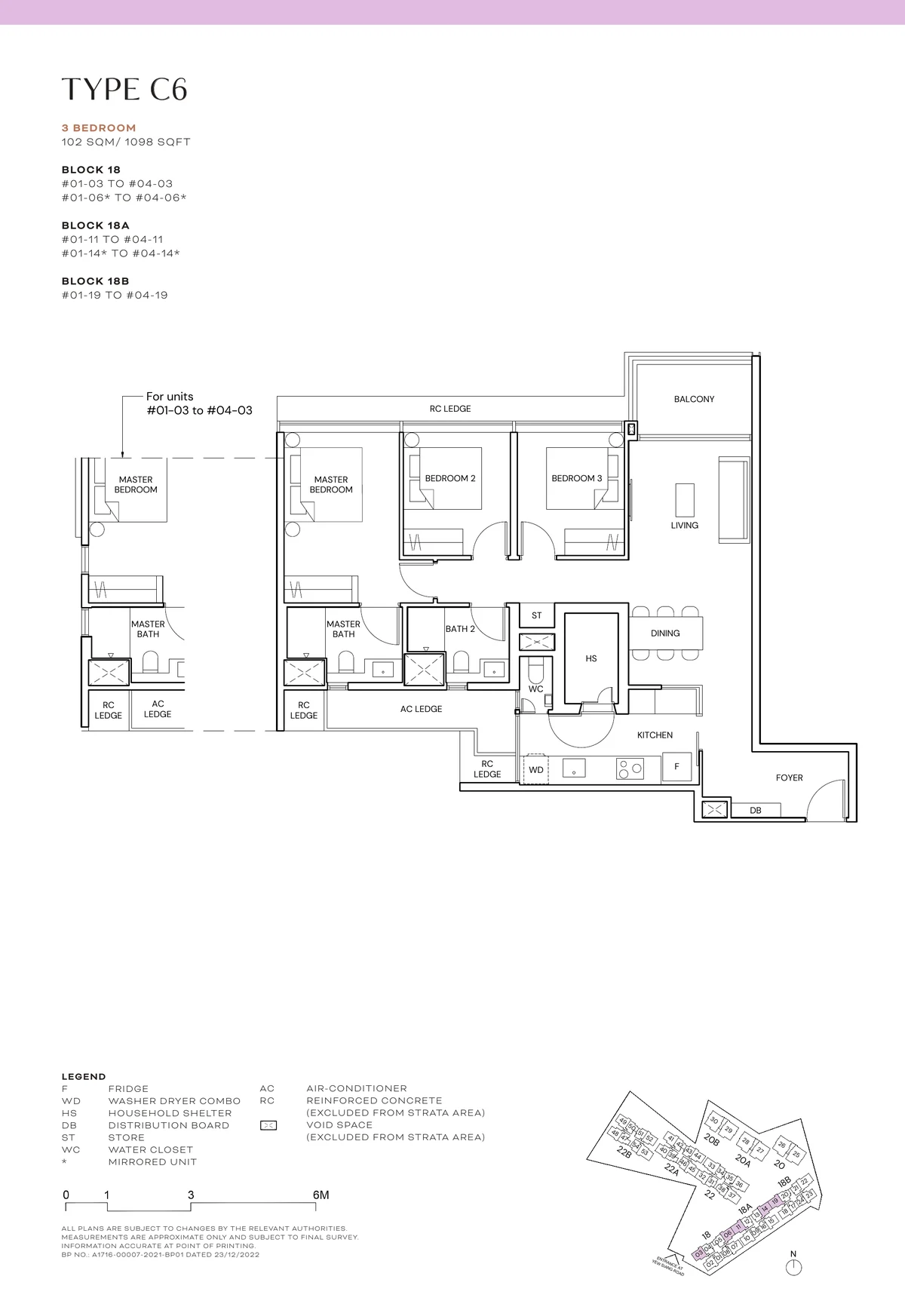 Terra Hill Type C6 floor plan, 3-Bedroom, 102 sqm / 1,098 sq ft, with key plan (Signature Collection, developer plan)