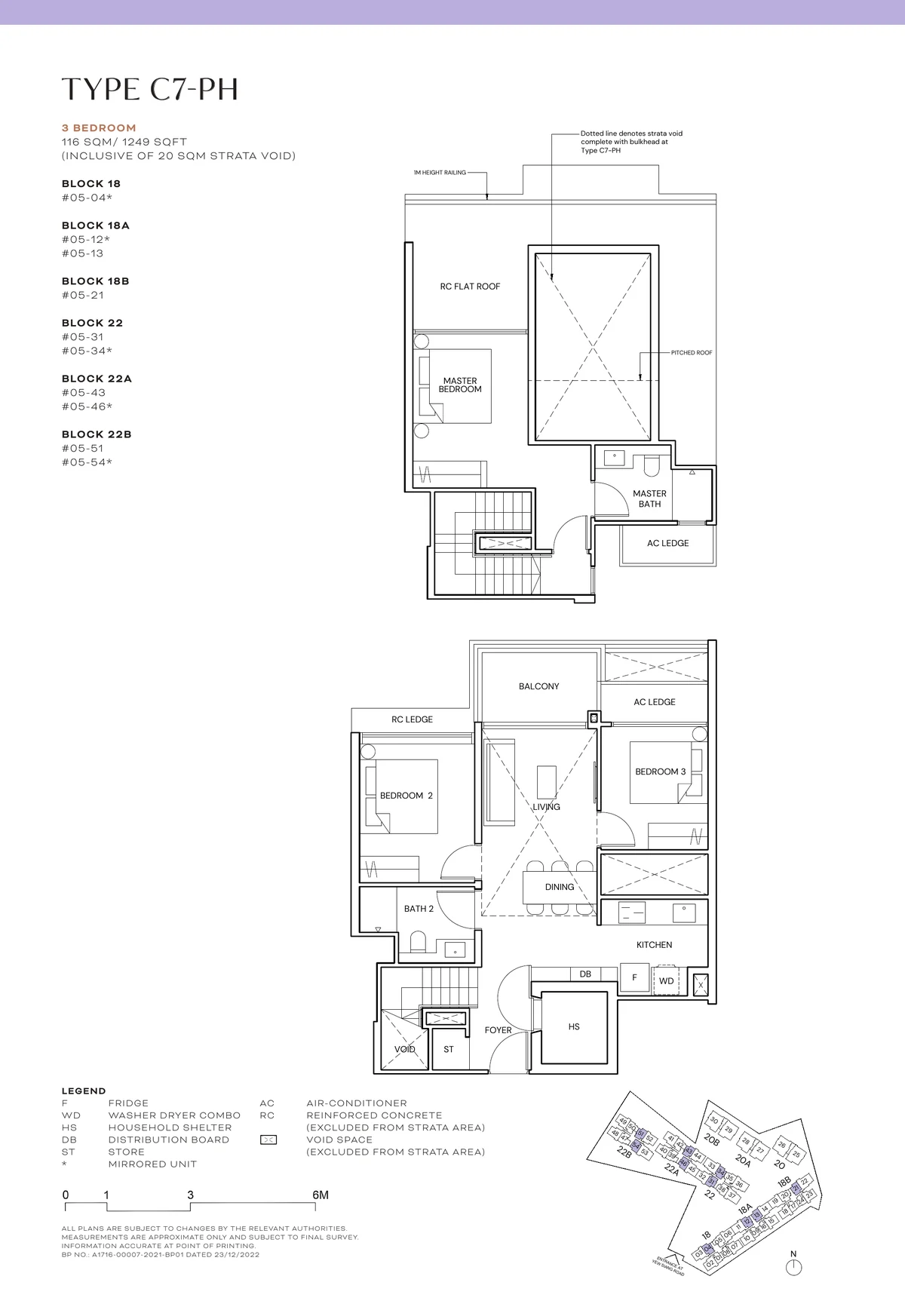 Terra Hill Type C7-PH floor plan, 3-Bedroom attic penthouse, 116 sqm / 1,249 sq ft incl. 20 sqm strata void, with key plan (Signature Collection, developer plan)