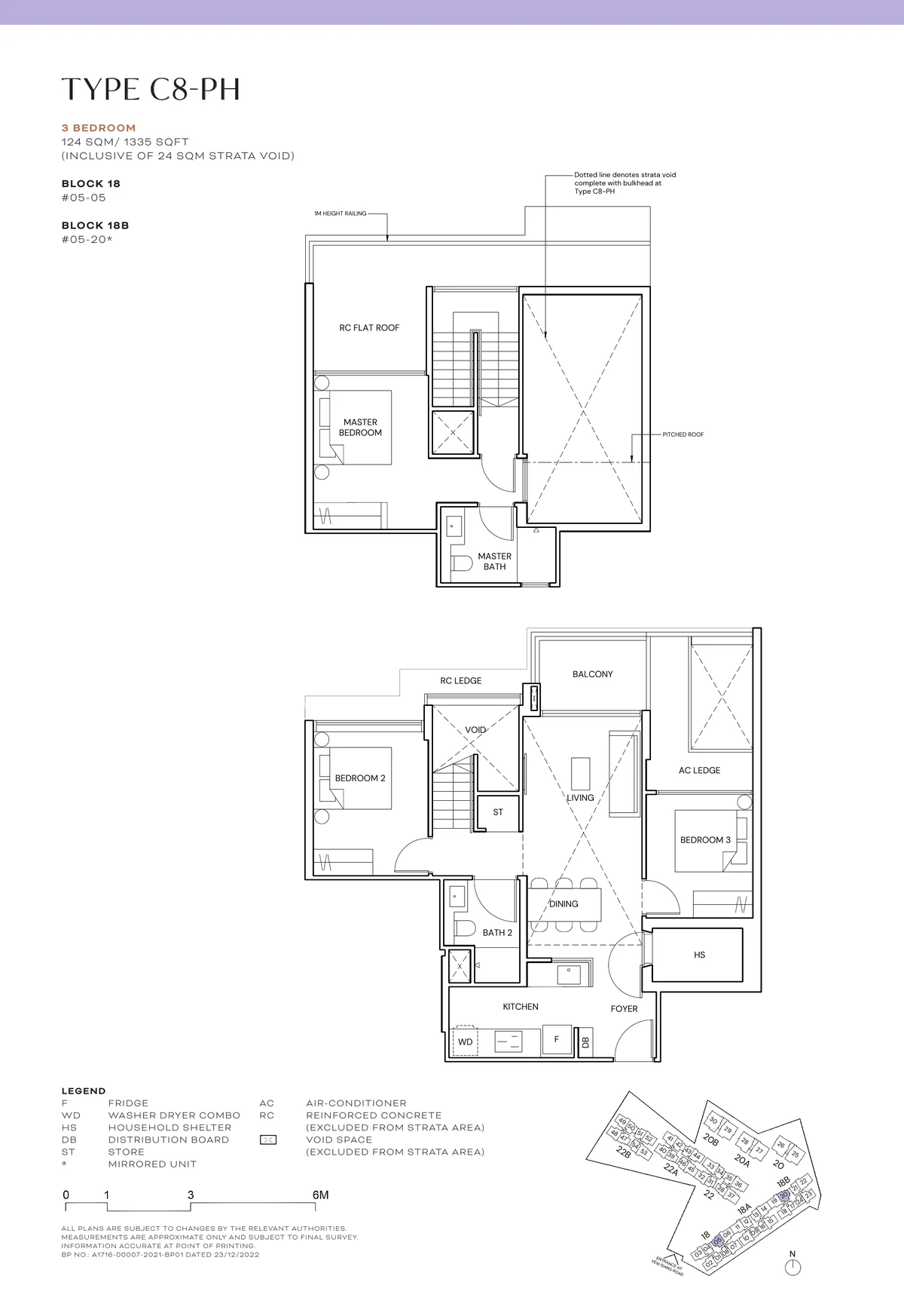 Terra Hill Type C8-PH floor plan, 3-Bedroom attic penthouse, 124 sqm / 1,335 sq ft incl. 24 sqm strata void, with key plan (Signature Collection, developer plan)