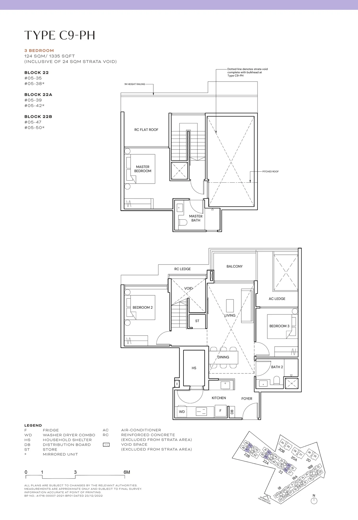 Terra Hill Type C9-PH floor plan, 3-Bedroom attic penthouse, 124 sqm / 1,335 sq ft incl. 24 sqm strata void, with key plan (Signature Collection, developer plan)