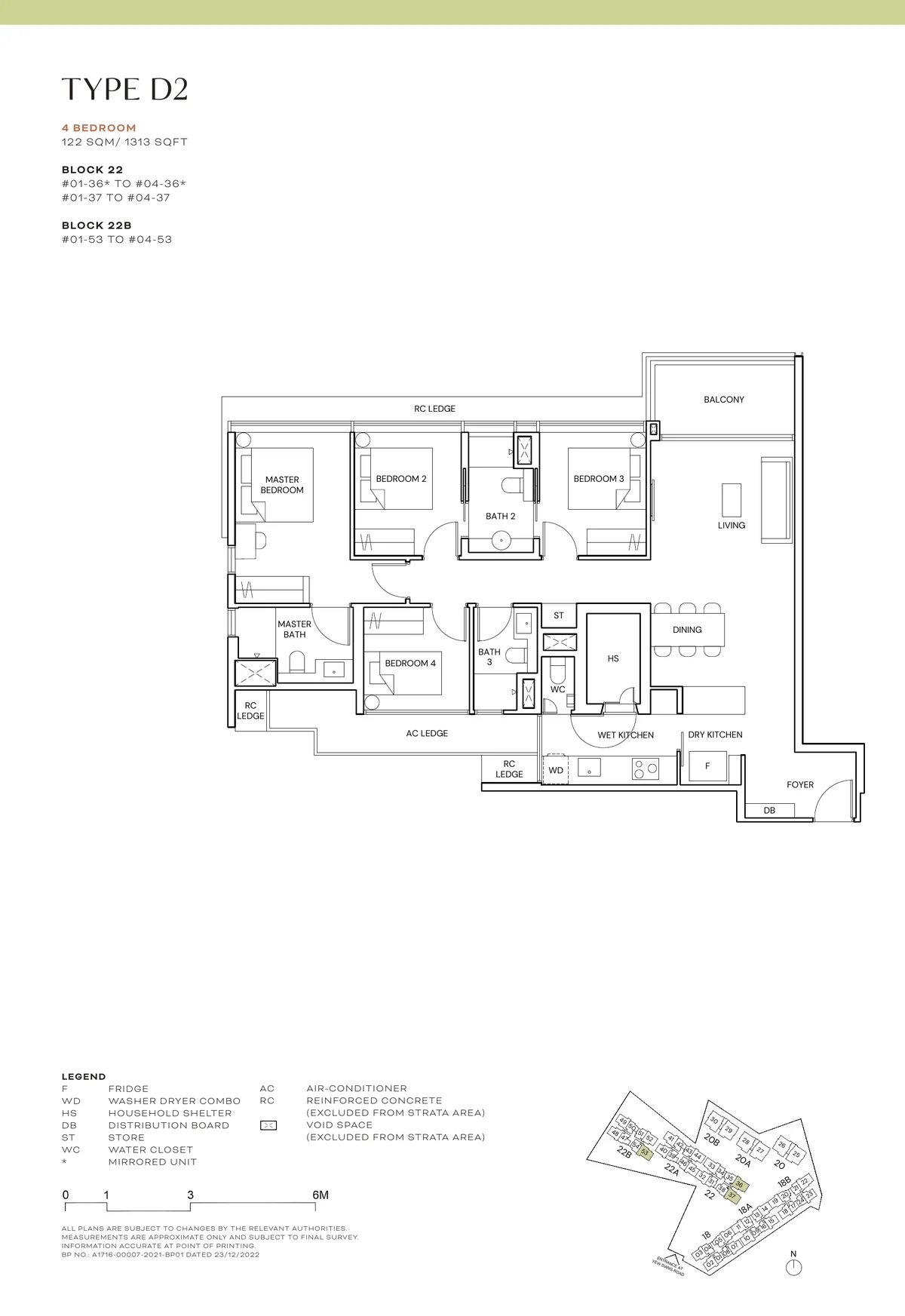 Terra Hill Type D2 floor plan, 4-Bedroom, 122 sqm / 1,313 sq ft, with key plan (Signature Collection, developer plan)