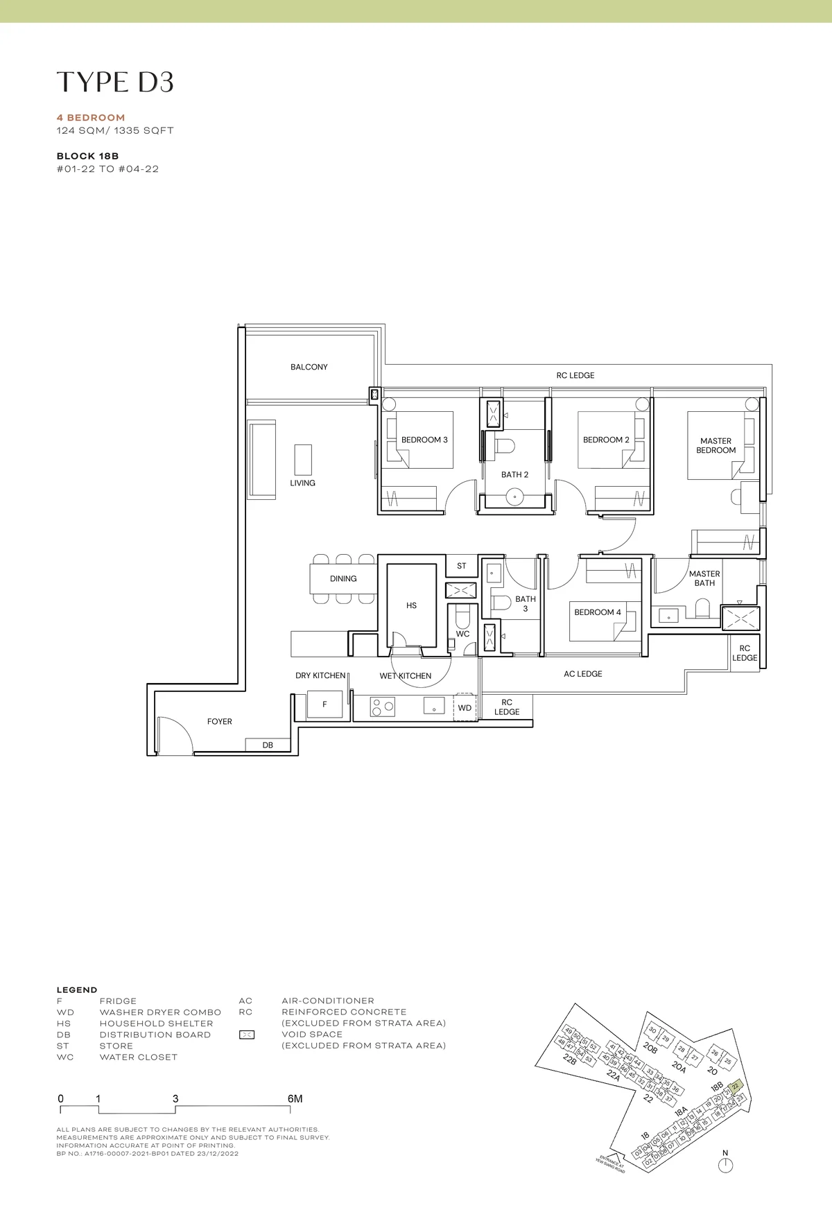 Terra Hill Type D3 floor plan, 4-Bedroom, 124 sqm / 1,335 sq ft, with key plan (Signature Collection, developer plan)