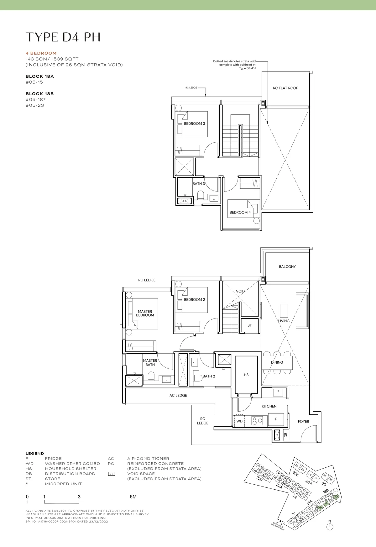Terra Hill Type D4-PH floor plan, 4-Bedroom attic penthouse, 143 sqm / 1,539 sq ft incl. 26 sqm strata void, with key plan (Signature Collection, developer plan)