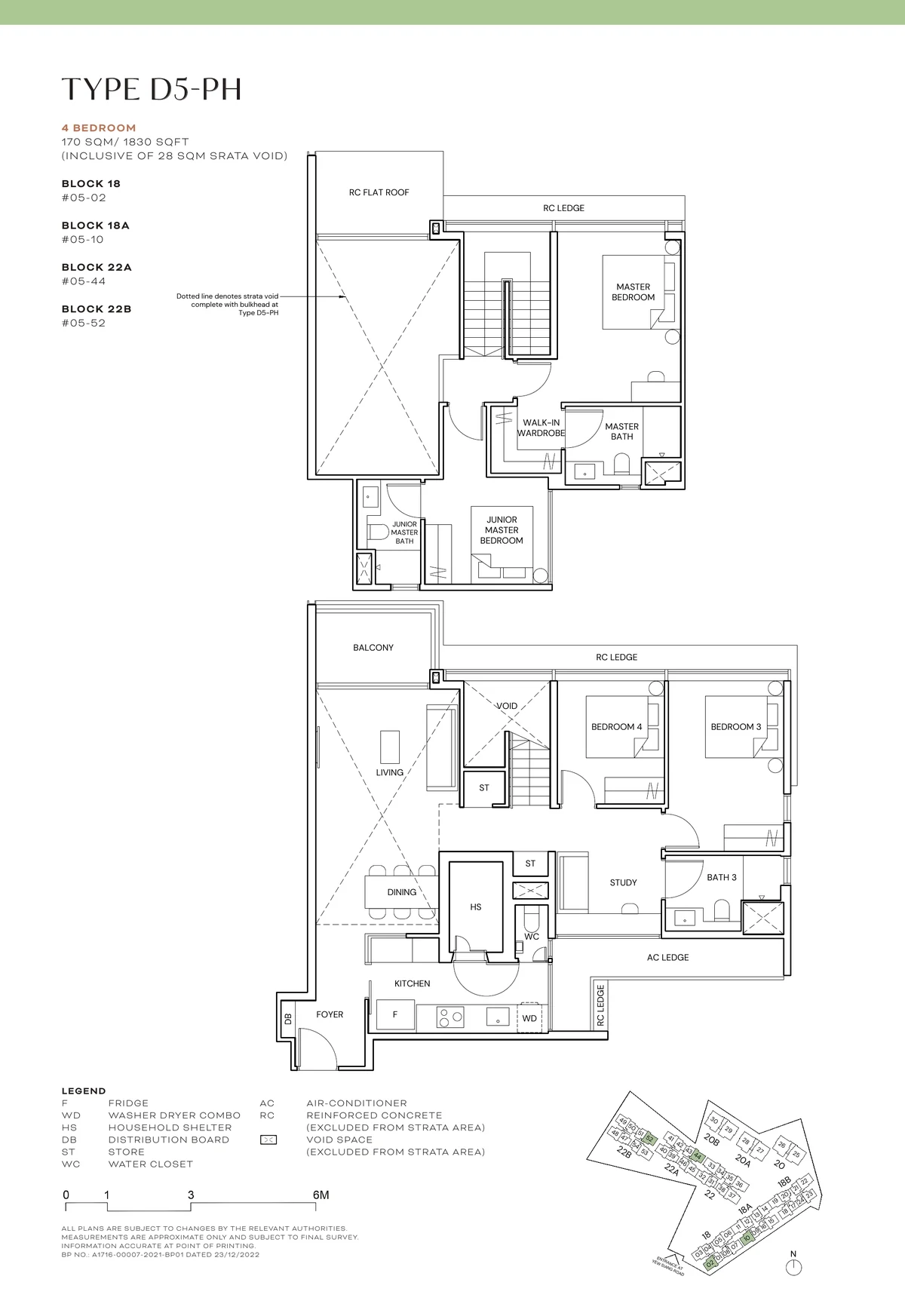 Terra Hill Type D5-PH floor plan, 4-Bedroom attic penthouse, 170 sqm / 1,830 sq ft incl. 28 sqm strata void, with key plan (Signature Collection, developer plan)