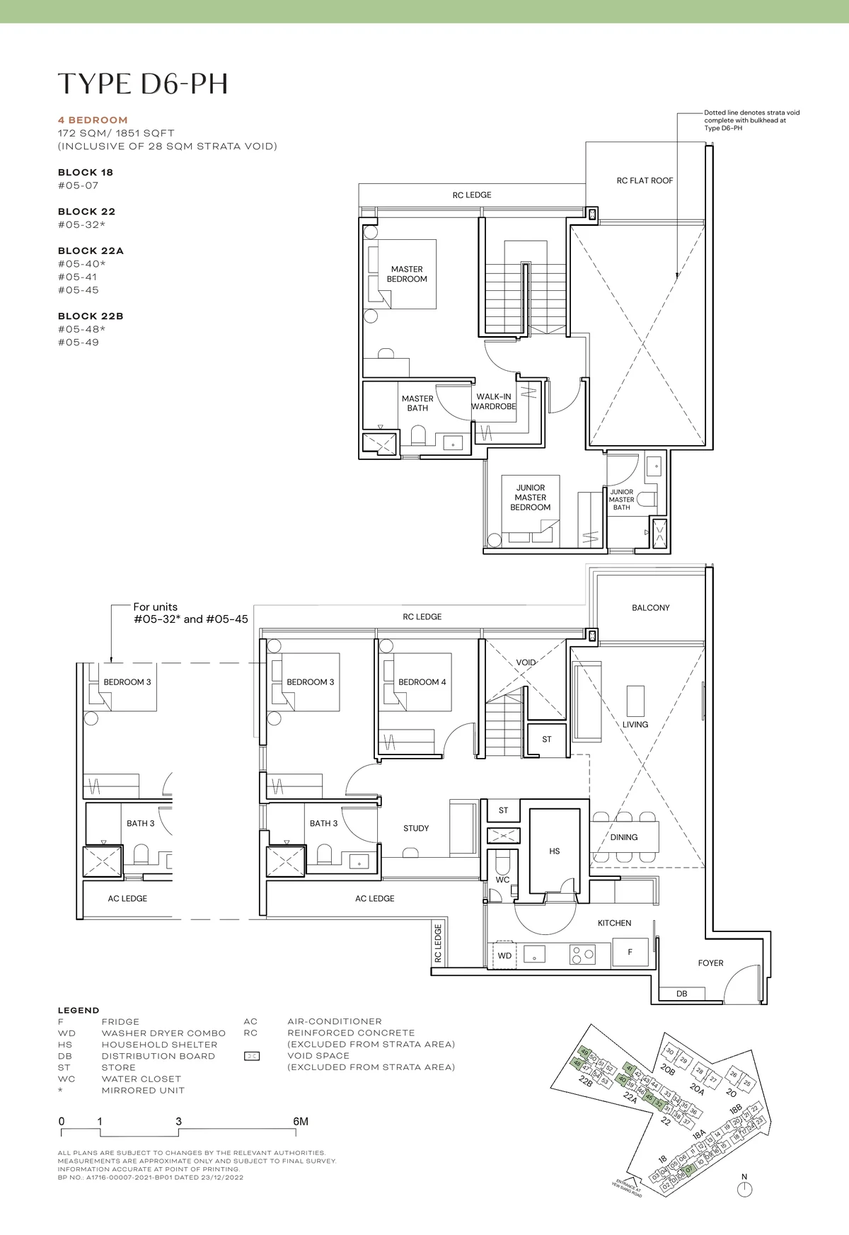 Terra Hill Type D6-PH floor plan, 4-Bedroom attic penthouse, 172 sqm / 1,851 sq ft incl. 28 sqm strata void, with key plan (Signature Collection, developer plan)