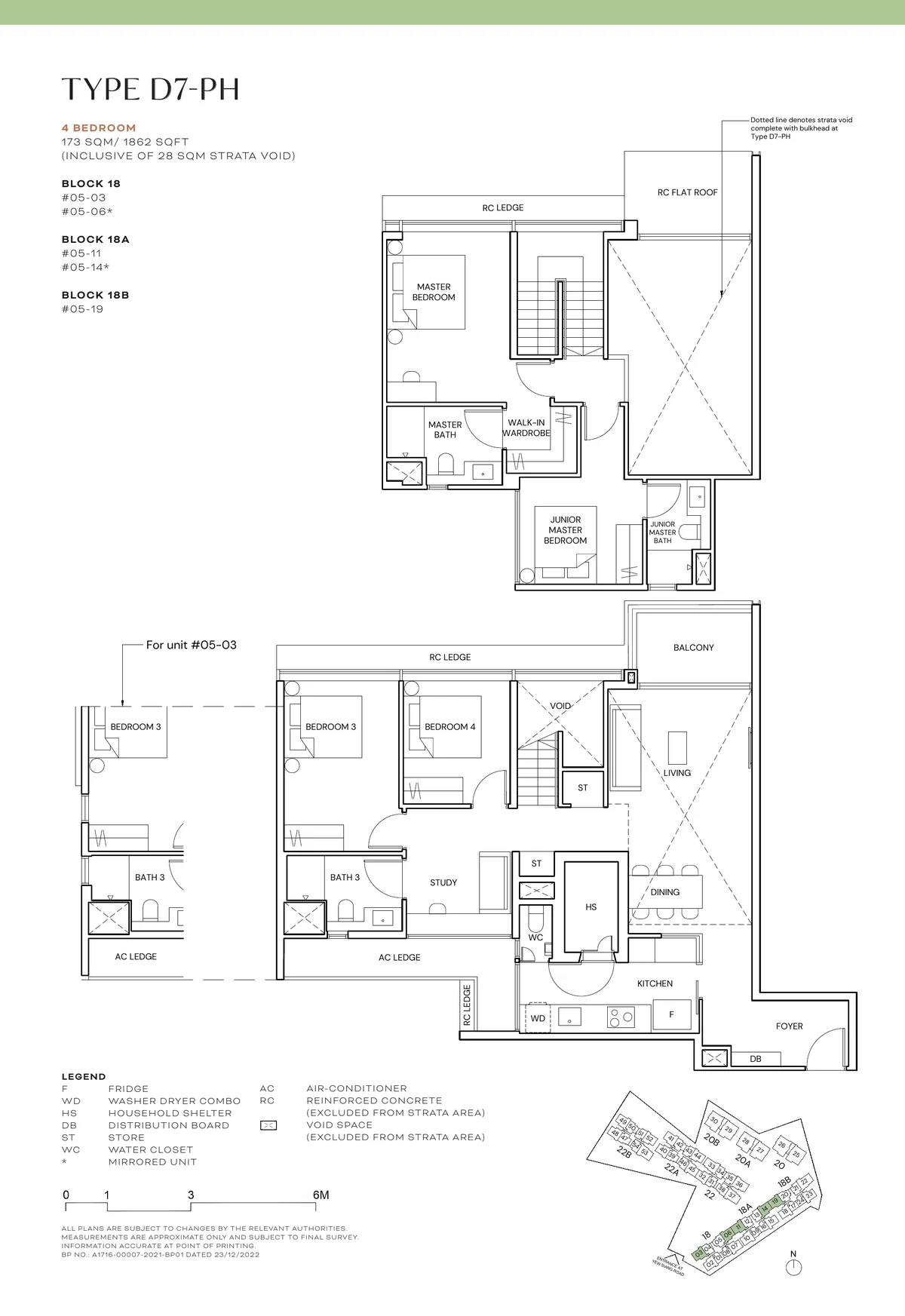 Terra Hill Type D7-PH floor plan, 4-Bedroom attic penthouse, 173 sqm / 1,862 sq ft incl. 28 sqm strata void, with key plan (Signature Collection, developer plan)