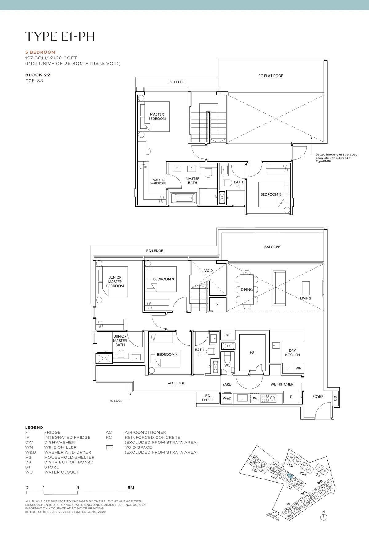 Terra Hill Type E1-PH floor plan, 5-Bedroom penthouse, 197 sqm / 2,120 sq ft incl. 25 sqm strata void, with key plan (Signature Collection, developer plan)