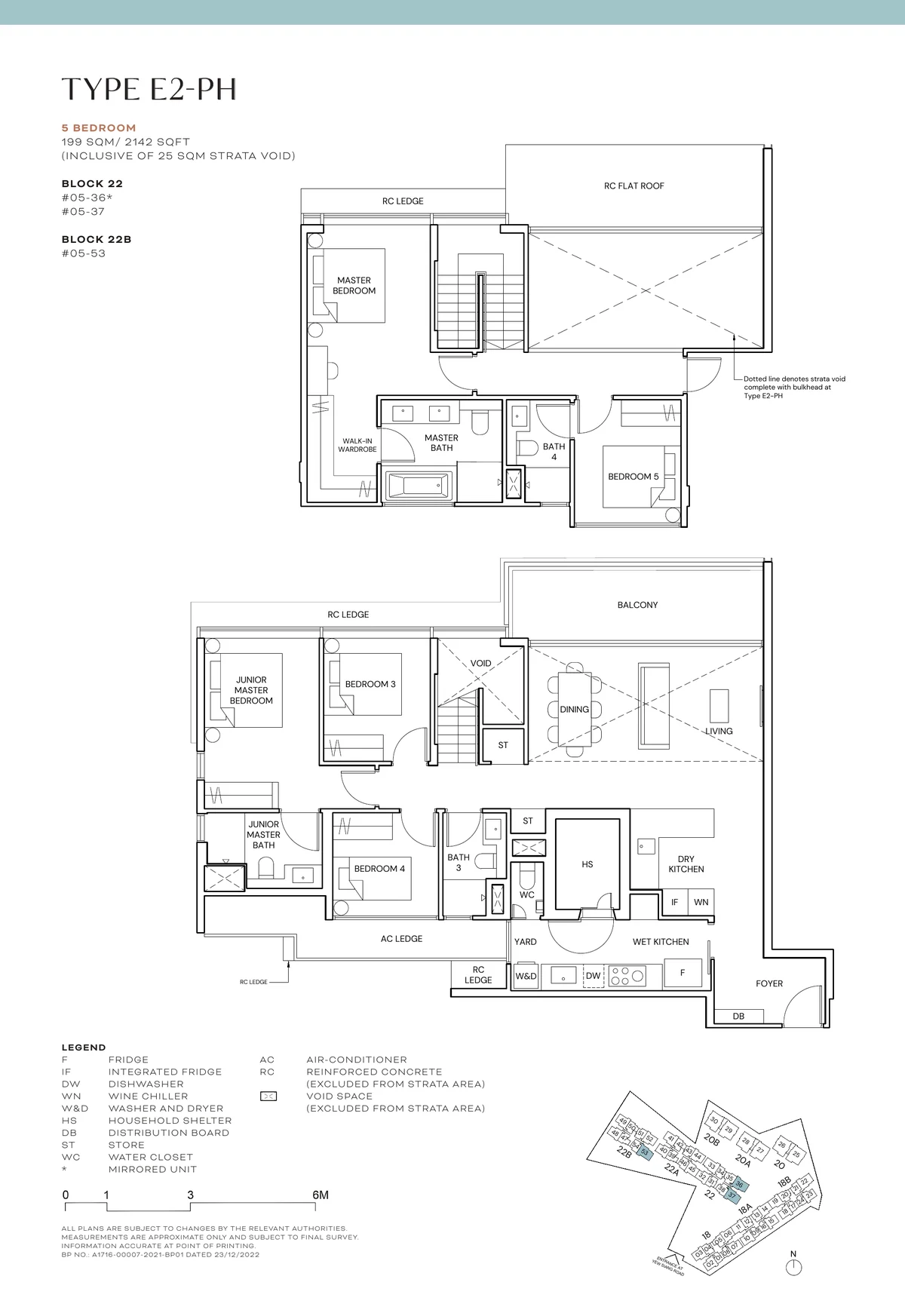 Terra Hill Type E2-PH floor plan, 5-Bedroom penthouse, 199 sqm / 2,142 sq ft incl. 25 sqm strata void, with key plan (Signature Collection, developer plan)