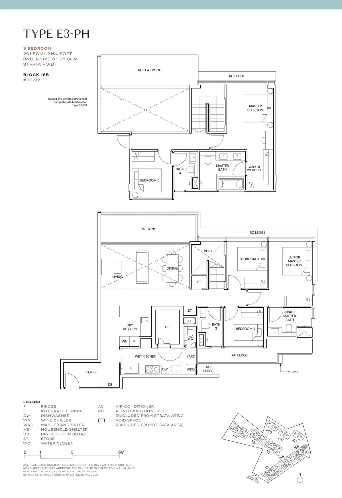 Terra Hill Type E3-PH floor plan, 5-Bedroom penthouse, 201 sqm / 2,164 sq ft incl. 25 sqm strata void, with key plan (Signature Collection, developer plan)