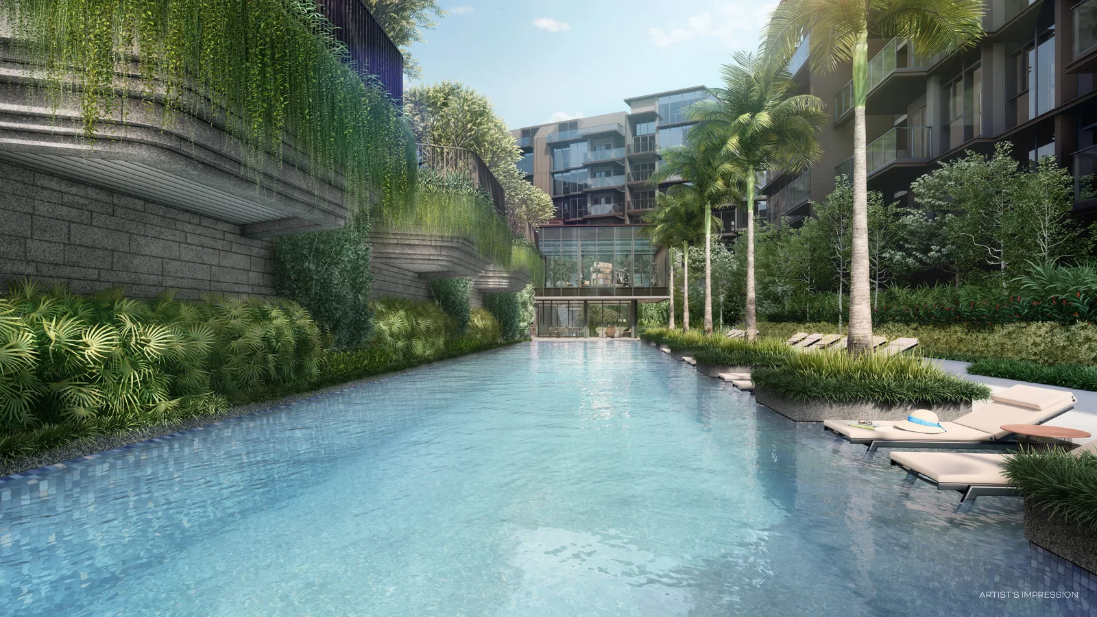 The 50-metre lap pool at Terra Hill, lined with palms and pool loungers, with the glass Terra House clubhouse at its far end (artist's impression)