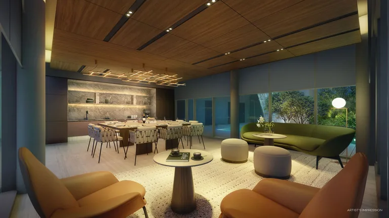 The Club Room in Terra House: a dining table for private gatherings beside a lounge with a green sofa and leather armchairs (artist's impression)