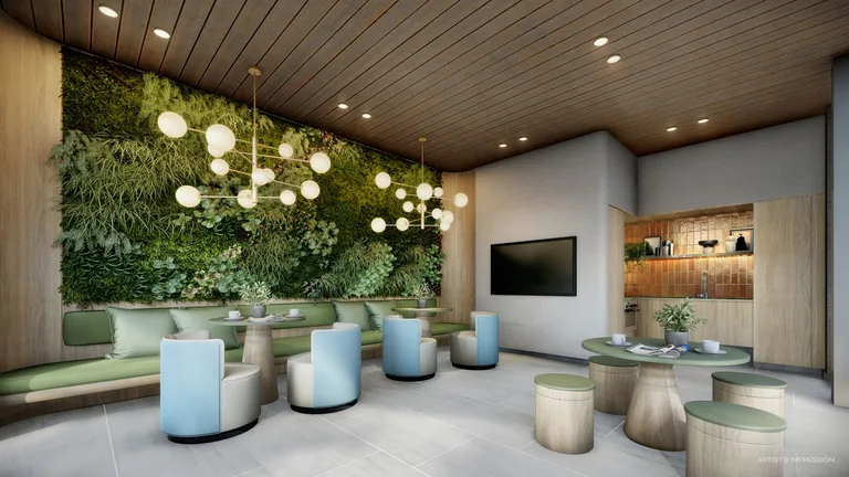 The Creek Room at Terra Hill: a lounge beneath a living green wall and globe pendants, with swivel chairs and a pantry (artist's impression)