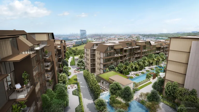 Elevated view across Terra Hill's pools and gardens towards Pasir Panjang and the port, from a balcony of the upper floors (artist's impression)