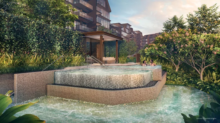 Hot tub and jacuzzi pools at Terra Hill, overflowing into a lower pool beside a timber pavilion and frangipani trees (artist's impression)
