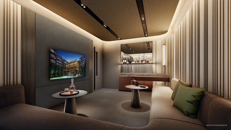 The Media Screening Room at Terra Hill, with a wall-mounted screen, curved sofa seating and a bar counter (artist's impression)