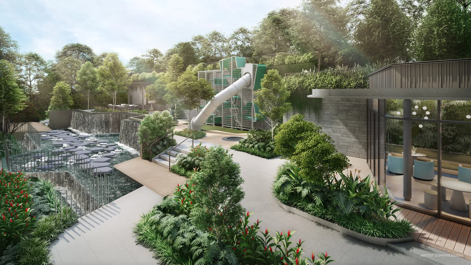 The Play Cove at Terra Hill: a tube slide tower above stepping stones in The Creek, with cascading falls and the glass-walled Creek Room (artist's impression)