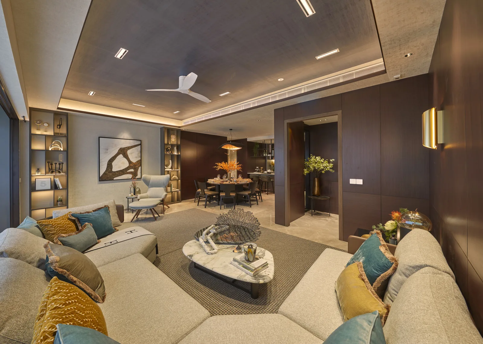 Living and dining room of a Prestige Collection home at Terra Hill, with a wide frontage and a ceiling fan (show unit photograph, for illustration only)