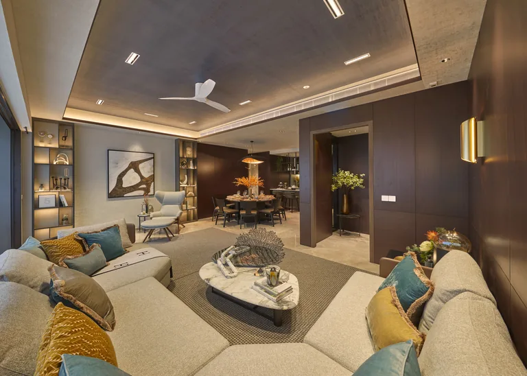 Living and dining room of a Prestige Collection home at Terra Hill, with a wide frontage and a ceiling fan (show unit photograph, for illustration only)
