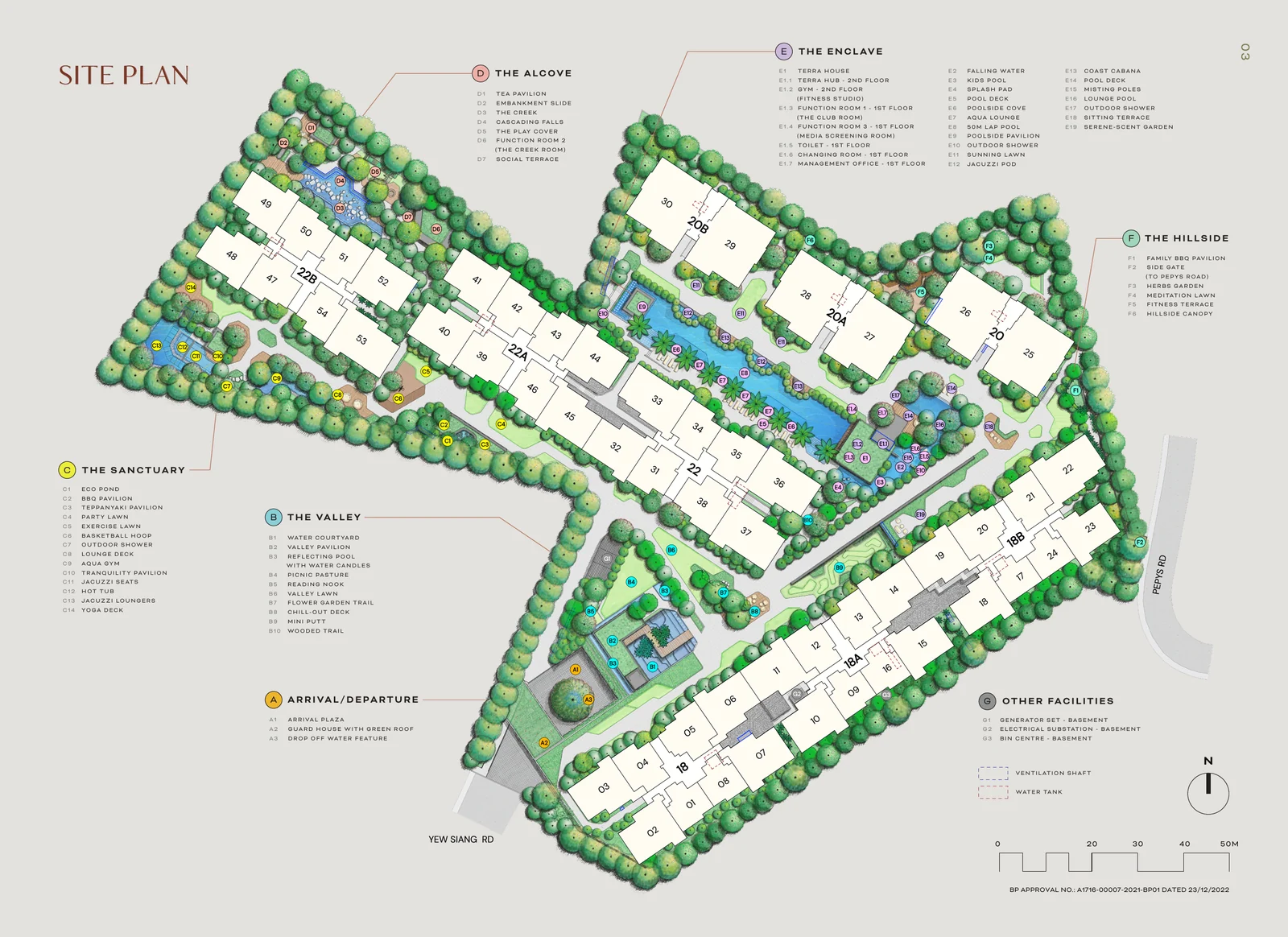 Terra Hill site plan: nine blocks at 18 to 22B Yew Siang Road, with facilities numbered by zone: The Arrival, The Valley, The Sanctuary, The Alcove, The Enclave and The Hillside (developer plan, not to scale)