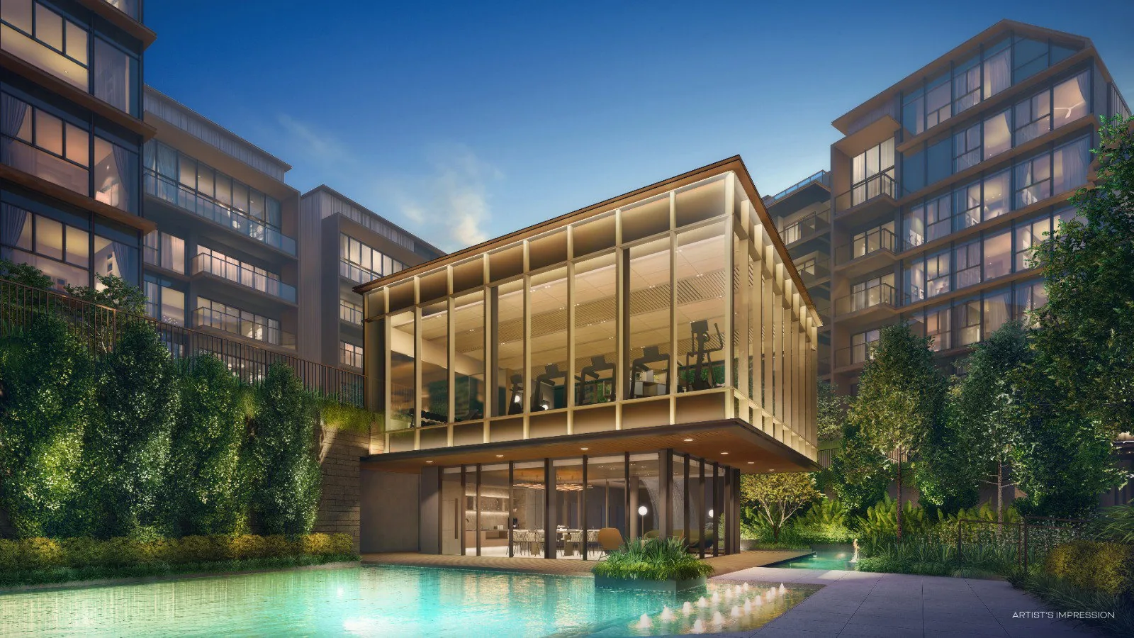 Terra House at dusk: a two-storey glass clubhouse with the fitness studio above the function rooms, set over the pool deck (artist's impression)