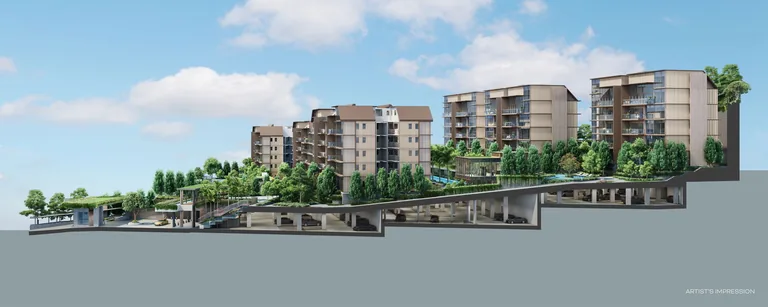 Sectional view of Terra Hill showing the blocks and landscaped decks climbing the slope in tiers above the split-level basement car park (artist's impression)