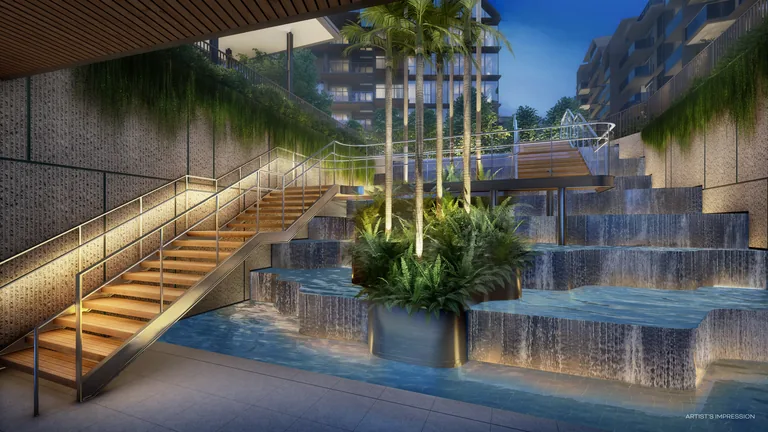 The Water Courtyard at Terra Hill at dusk: a timber staircase rising beside tiered cascades and a planter of palms (artist's impression)